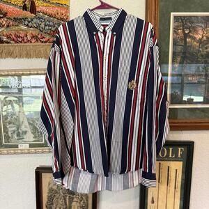 Vtg Guess Striped Button Front Shirt Mens Collar L/S‎ Chest Emblem 100% Cotton M